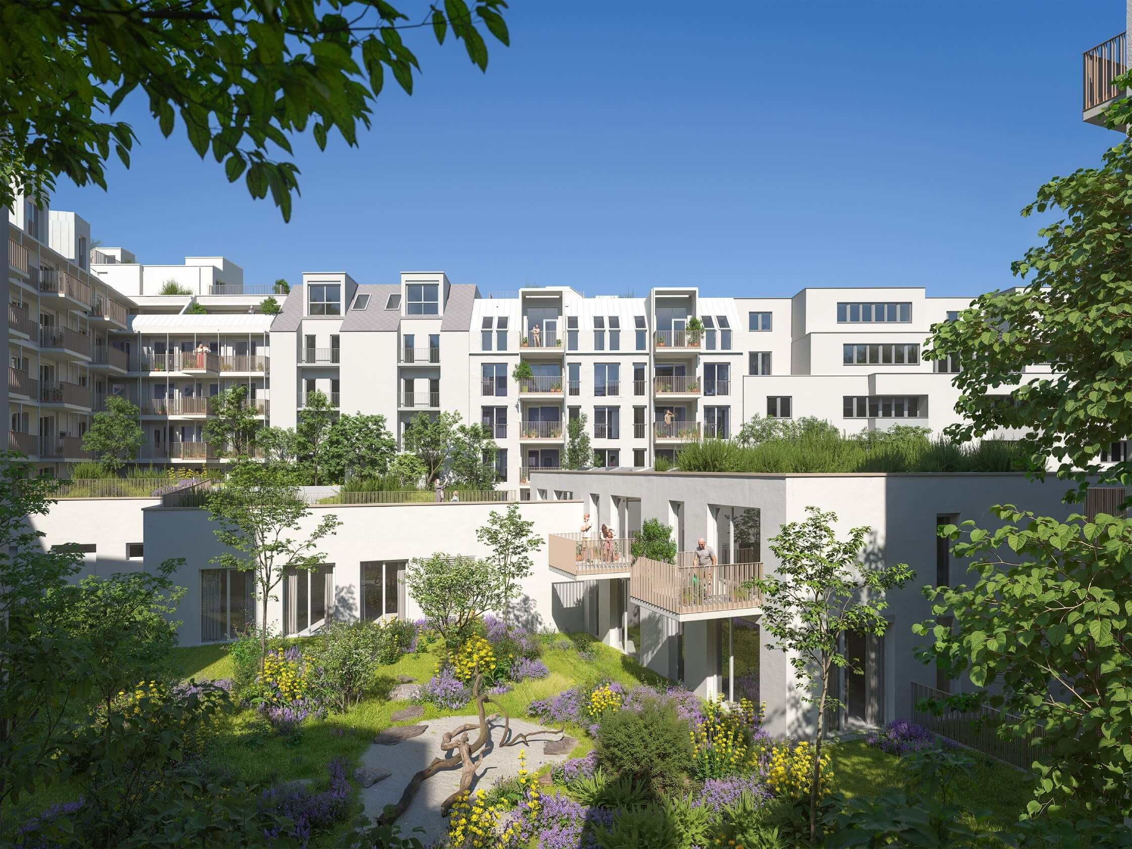 Visualisierung des modernen Wohnkomplexes Quartier-Anton mit begrüntem Innenhof, Pflanzen, Bäumen und Terrassenwohnungen bei klarem Himmel.