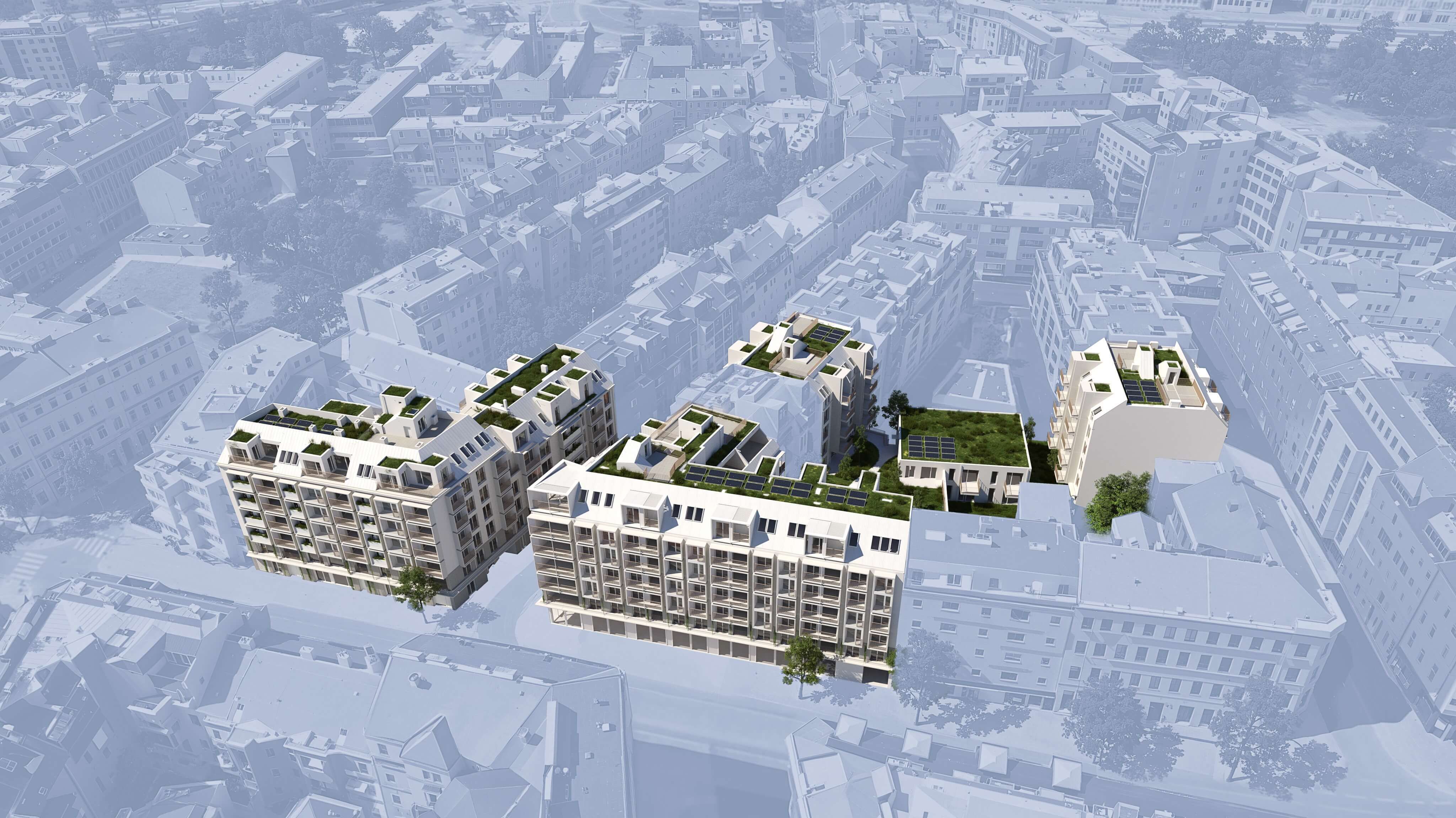 Luftaufnahme von Quartier-Anton: Die Umgebung wird ausgeblendet, um den neuen Gebäudekomplex im Stadtgefüge sichtbar zu machen.