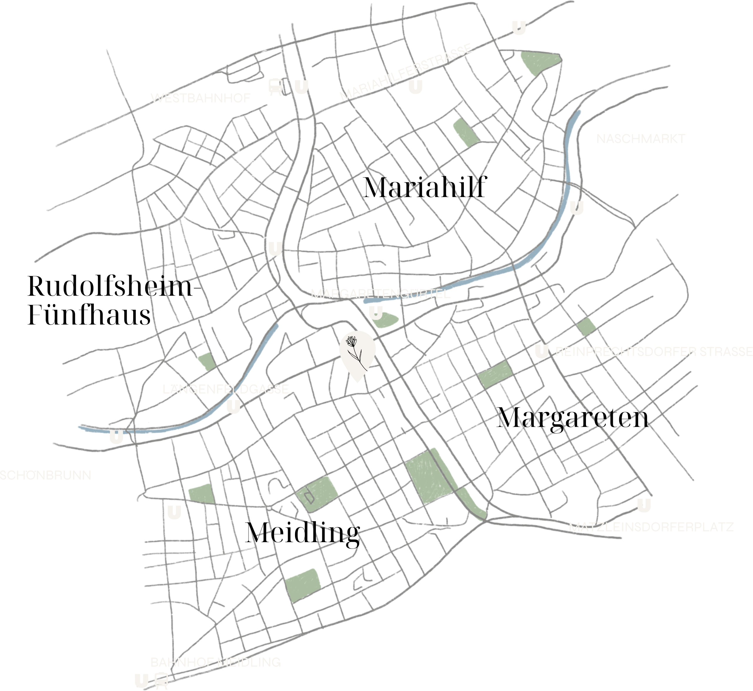 Lagekarte mit Stadtplan von Wien. Das Neubauprojekt Quartier Anton liegt im 12. Bezirk entlang der Anton-Scharff-Gasse, Arndtstraße und Kollmayergasse, in unmittelbarer Nähe zur U-Bahn-Station Margaretengürtel und der Längenfeldgasse.